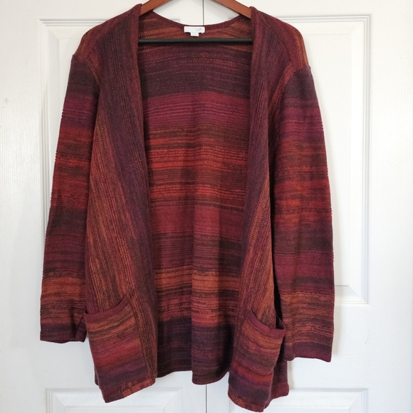 J. Jill Wide Stripe Wool Blend Cardigan Large Tight Knit Red Pink Purple Open - Picture 1 of 5